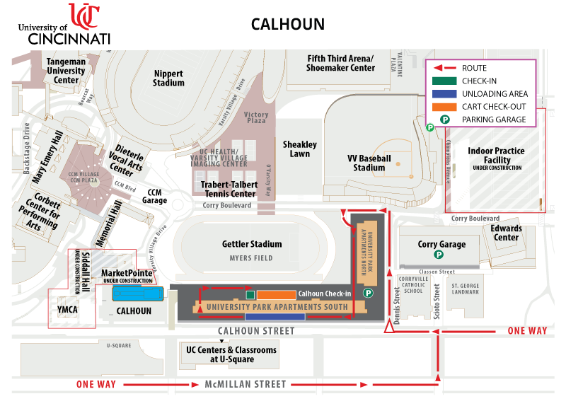 Map showing check in and unloading for Calhoun halll . Contact Housing 513-556-6461 for directions 