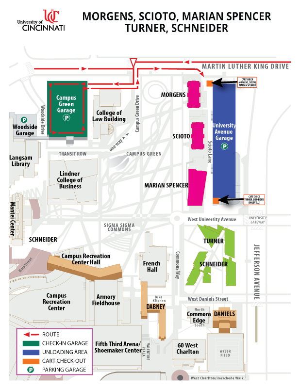 Map showing check in and unloading for Calhoun halll . Contact Housing 513-556-6461 for directionsMap showing check in and unloading for Morgens Scioto, Marian Spencer, Turner and Schneider Halls . Contact Housing 513-556-6461 for directions 