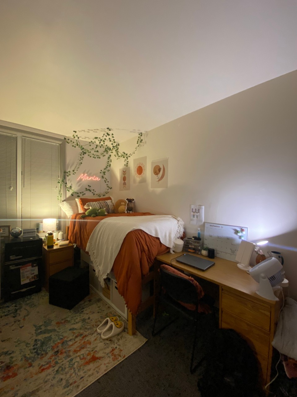 Bed in the corner with orange and white linens and a few stuffed animals and vine decal hanging over the bed. A desk is at the foot of the bed with stationary on it.