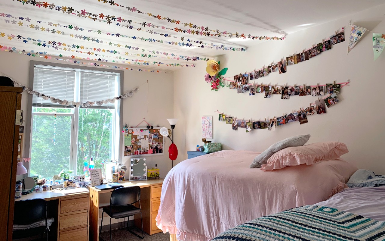 Turner Dorm room decorated with streamers and polaroid pictures 