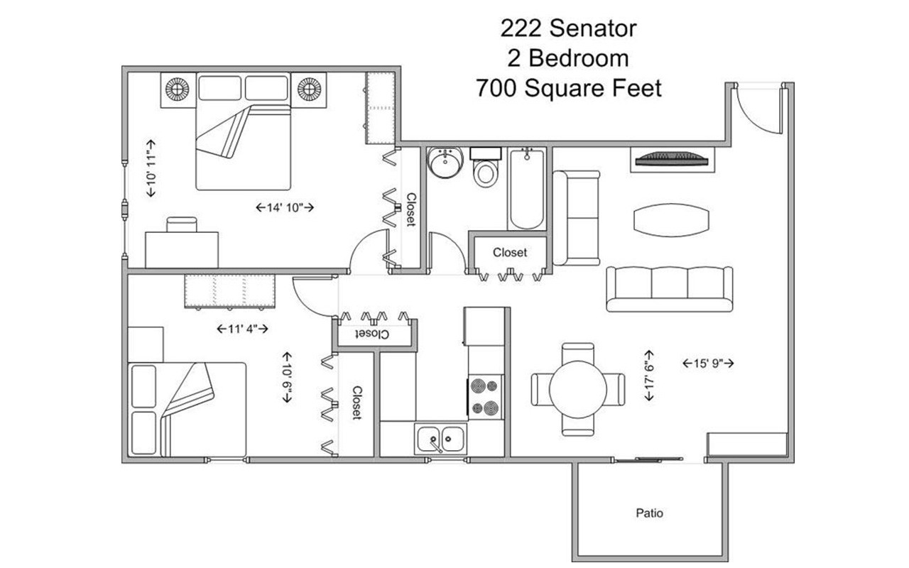 Floor plan of a two bedroom apartment in Senator Place. The entryway opens into the living room with the kitchen on the left. The bathroom is across the hallway from the kitchen. Next to the bathroom is a bedroom with two standard closets. Next to the kitchen is another bedroom with one standard closet.