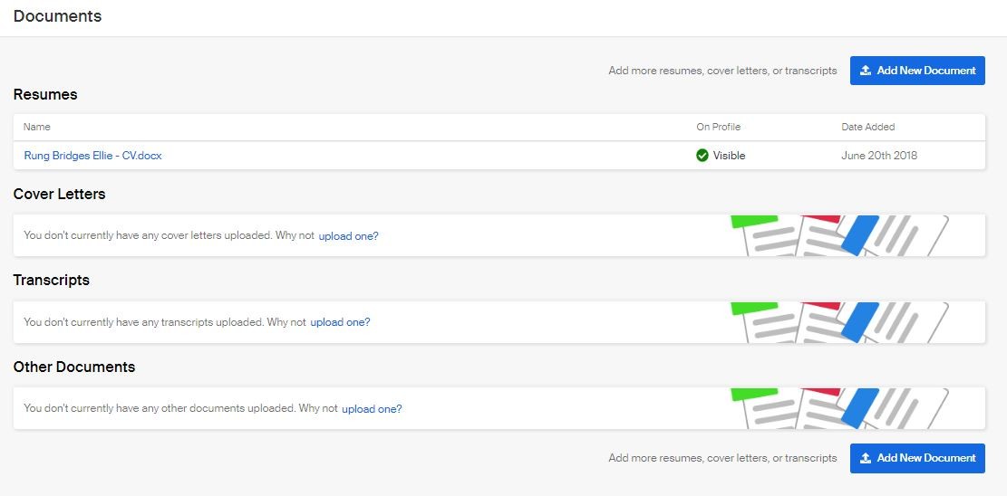 screenshot of Handshake Documents page where you can upload a resume, cover letter, transcript, and other documents