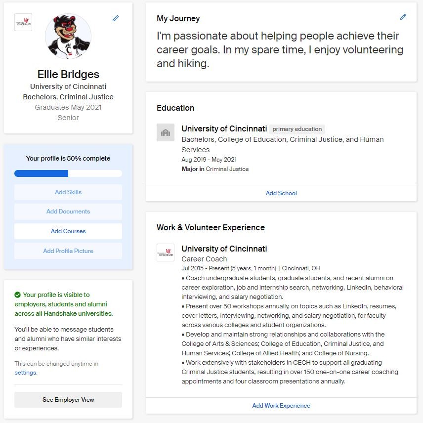screenshot of Handshake student profile page with name and photo at top left and profile sections to the right: My Journey, Education, Work Experience, etc.